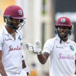 Vice-captain Jermaine Blackwood (right) makes a point to captain Kraigg Brathwaite as they leave the field at lunch on day two of the first Test against Pakistan.